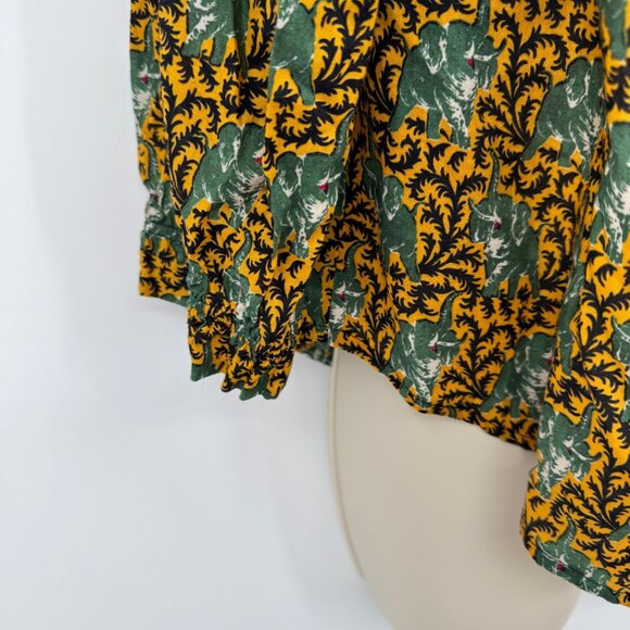 J. Crew Ratti Elephant Print Blouse Woman’s size 14 green off shoulder button up - Picture 4 of 14